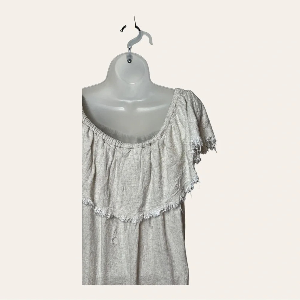 0089. Umgee OFF SHOULDER BOHO MINI DRESS BEIGE IN COLOR SIZE SMALL FRAYED - Picture 7 of 9